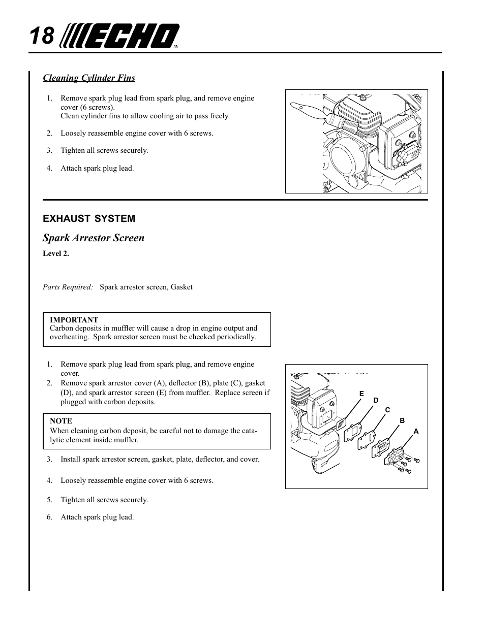 Exhaust system, Spark arrestor screen | Echo PB-250 User Manual | Page 18 / 28