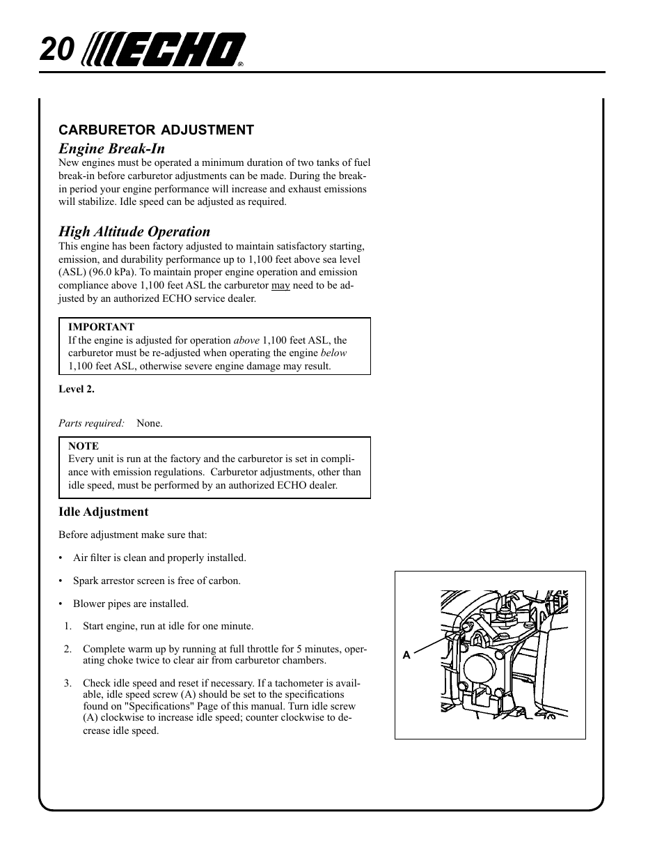 Carburetor adjustment, Engine break-in, High altitude operation | Echo PB-250 User Manual | Page 20 / 28