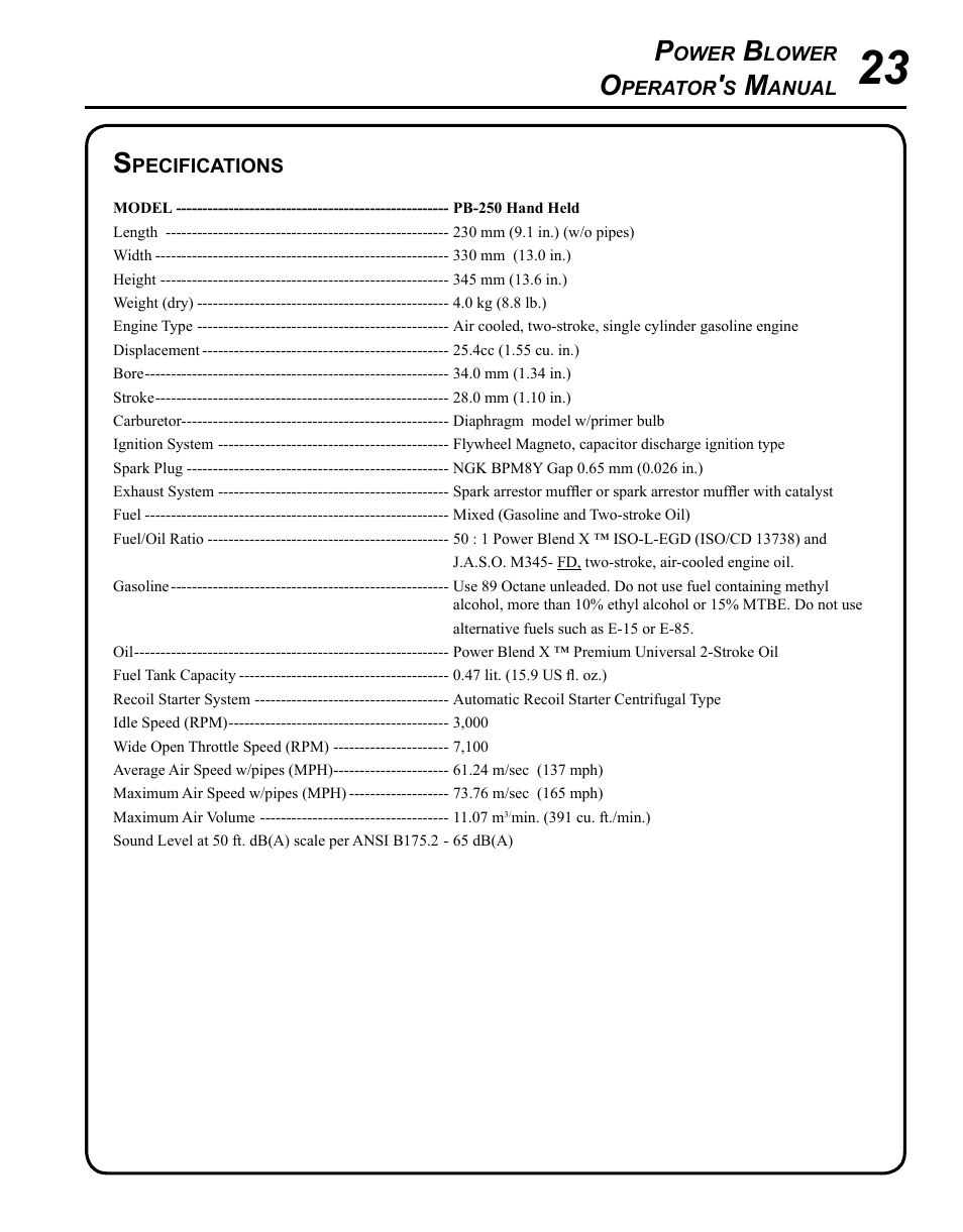Specifications | Echo PB-250 User Manual | Page 23 / 28