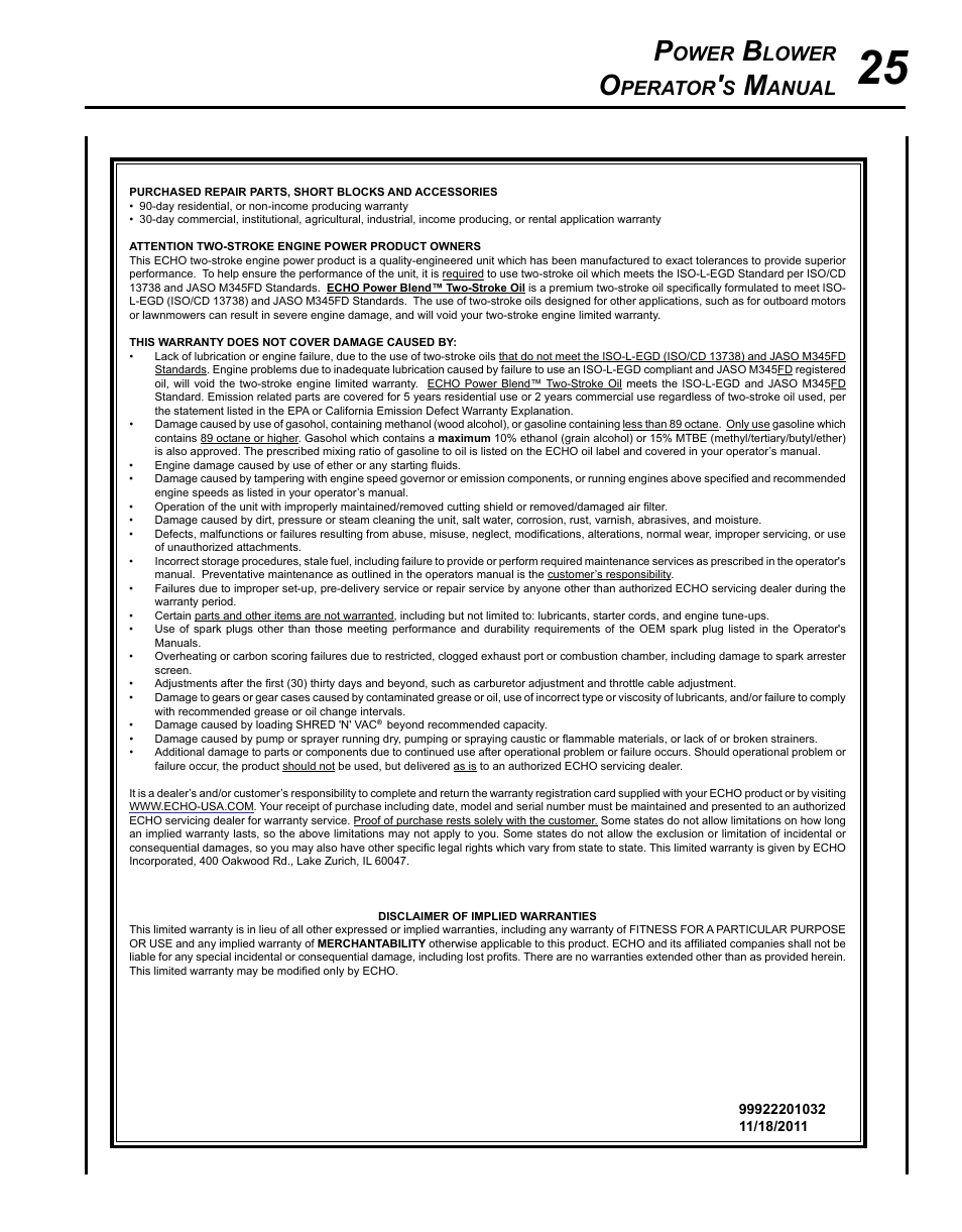 Ower, Lower, Perator | Anual | Echo PB-250 User Manual | Page 25 / 28