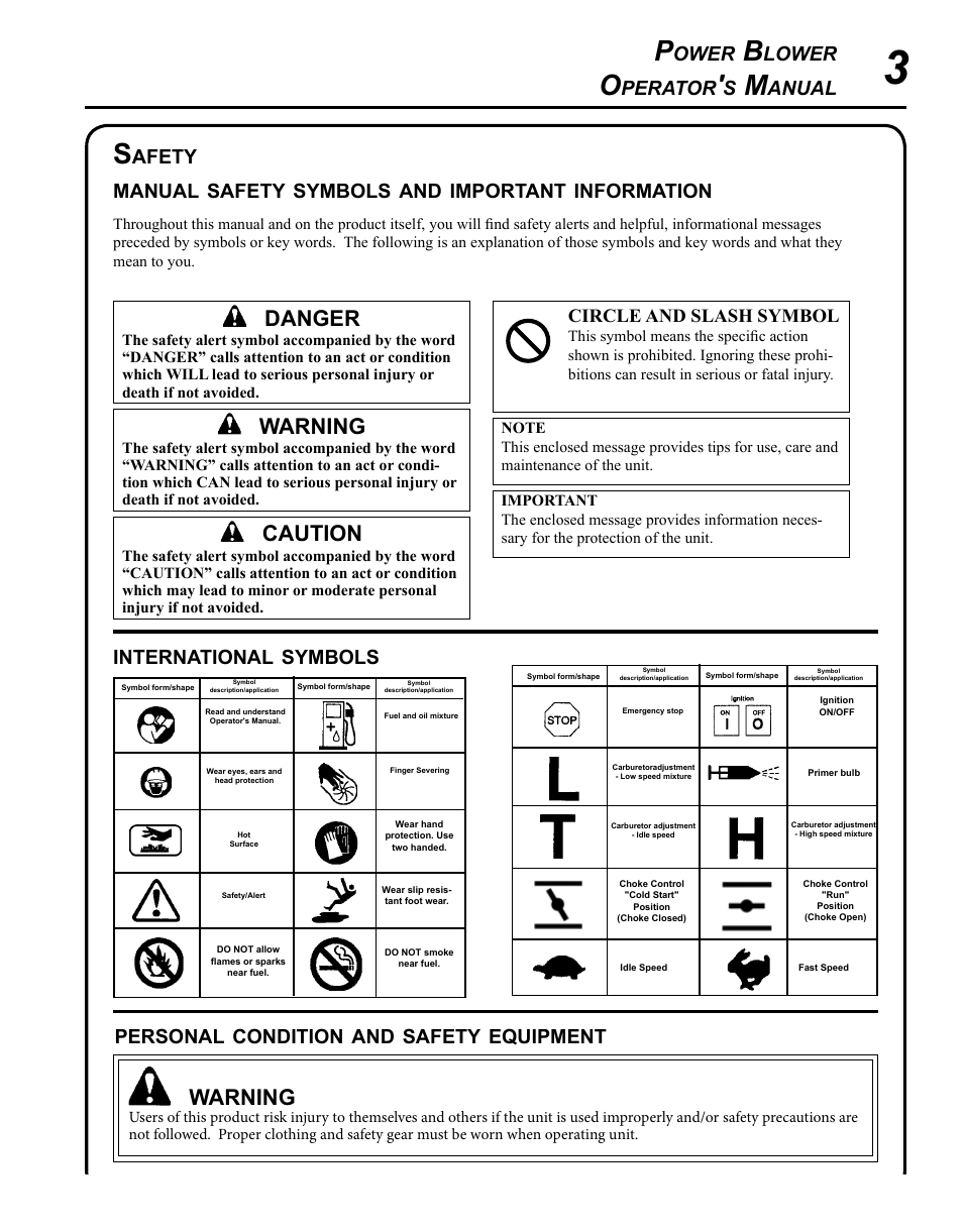 Safety, Warning, Caution | Danger, Ower, Lower, Perator, Anual, Afety manual, Symbols | Echo PB-250 User Manual | Page 3 / 28
