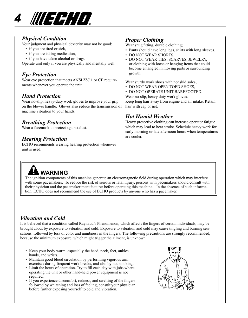 Physical condition, Eye protection, Hand protection | Breathing protection, Hearing protection, Vibration and cold, Proper clothing, Hot humid weather, Warning | Echo PB-250 User Manual | Page 4 / 28