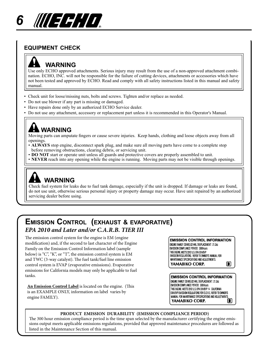 Emission control (exhaust & evaporative) | Echo PB-250 User Manual | Page 6 / 28