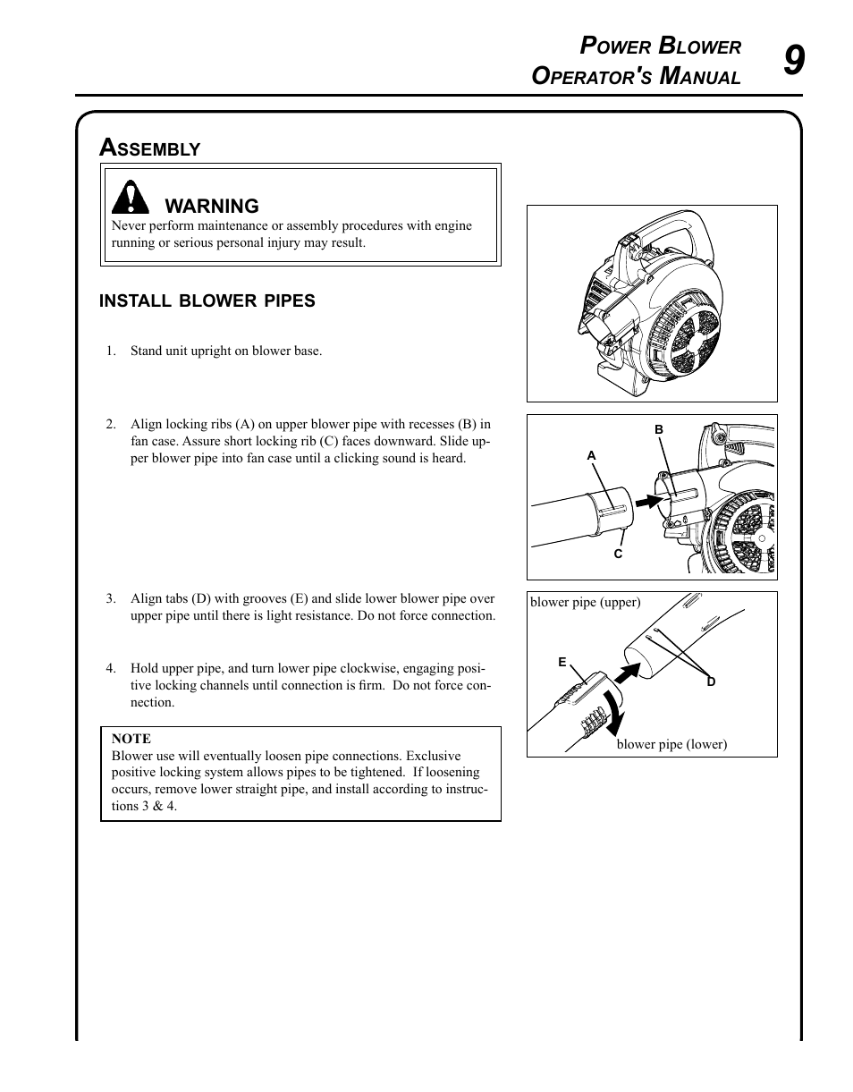 Assembly, Install blower pipes | Echo PB-250 User Manual | Page 9 / 28