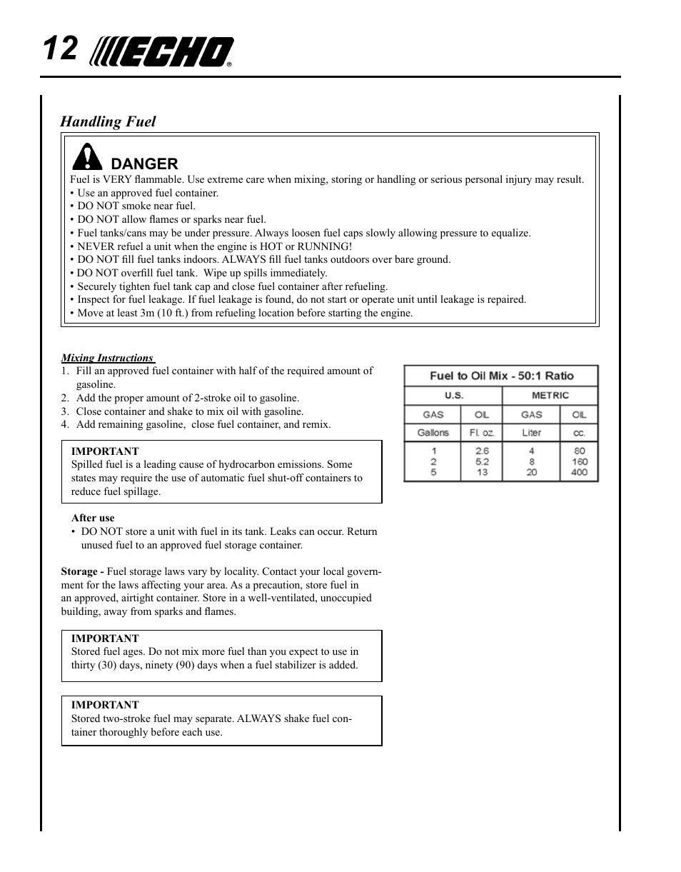 Handling fuel, Danger | Echo PRO ATTACHMENT SERIES PAS-225 User Manual | Page 12 / 28