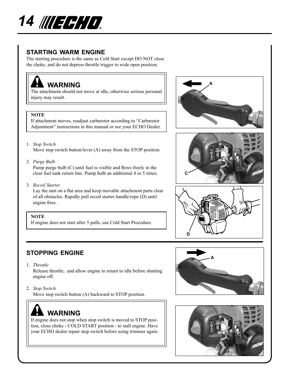 Warning | Echo PRO ATTACHMENT SERIES PAS-225 User Manual | Page 14 / 28