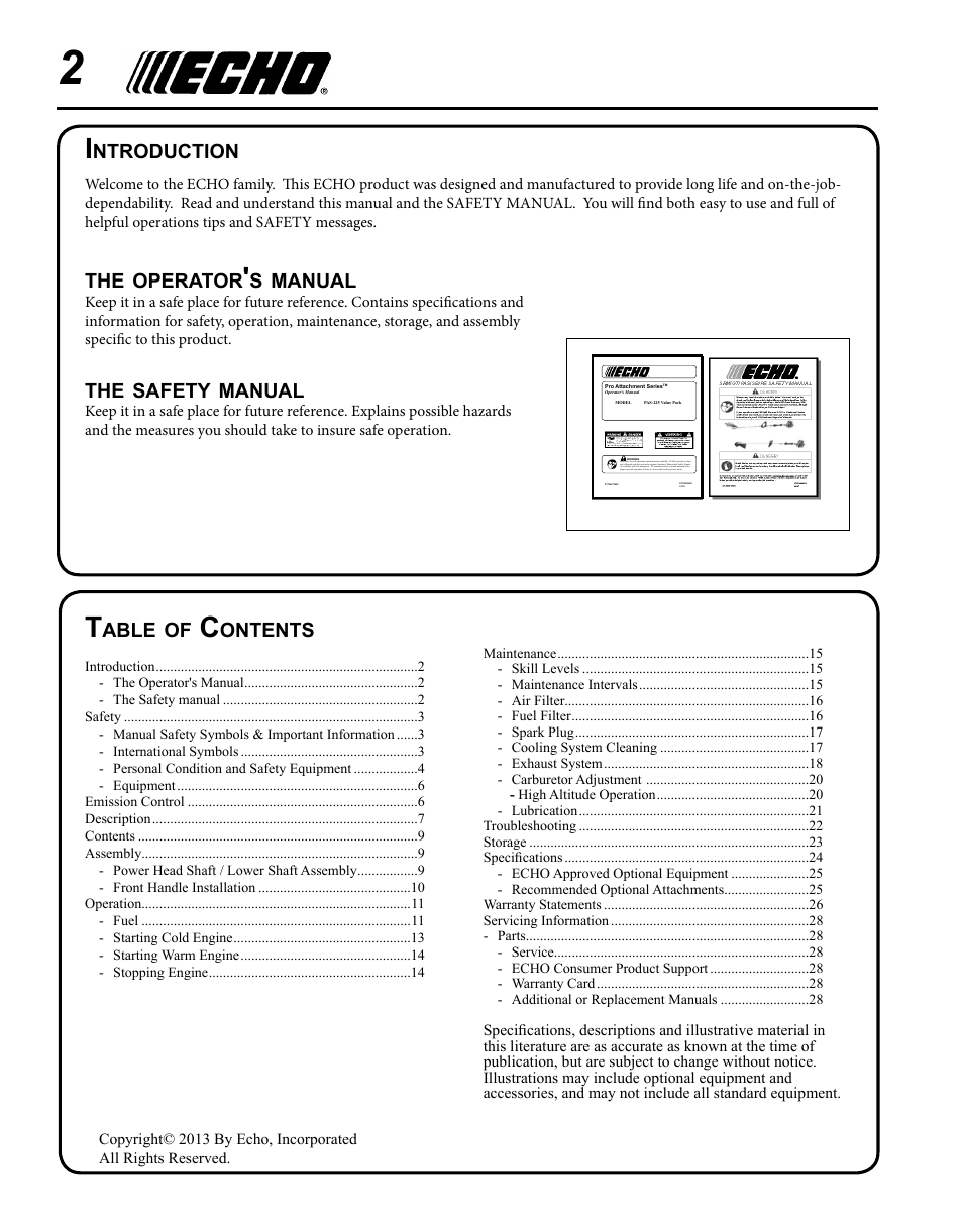 Operator, Manual, Safety | Able, Ontents, Ntroduction | Echo PRO ATTACHMENT SERIES PAS-225 User Manual | Page 2 / 28