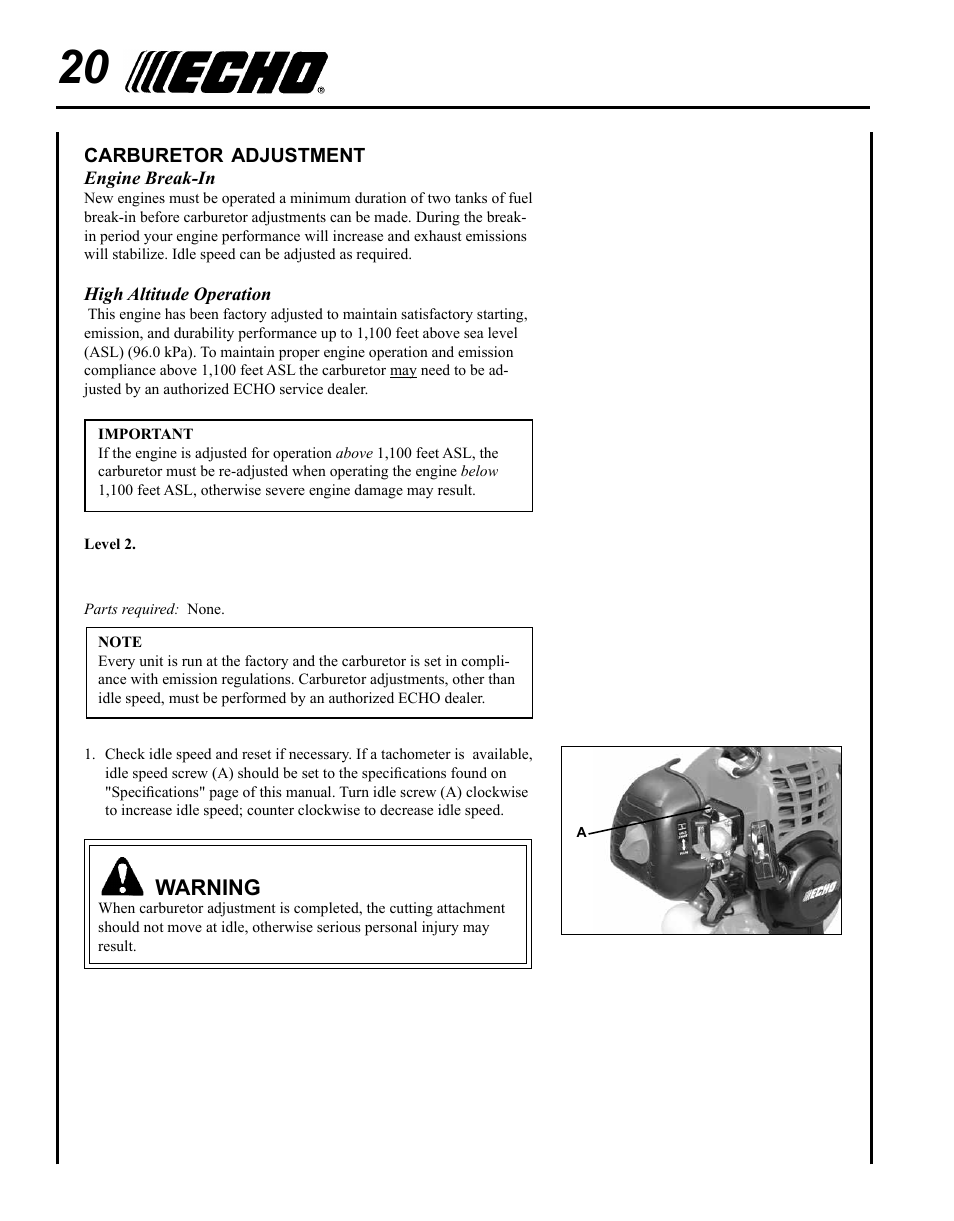Warning | Echo PRO ATTACHMENT SERIES PAS-225 User Manual | Page 20 / 28