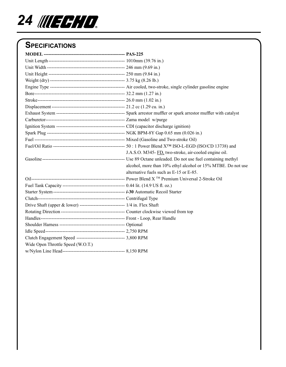 Echo PRO ATTACHMENT SERIES PAS-225 User Manual | Page 24 / 28