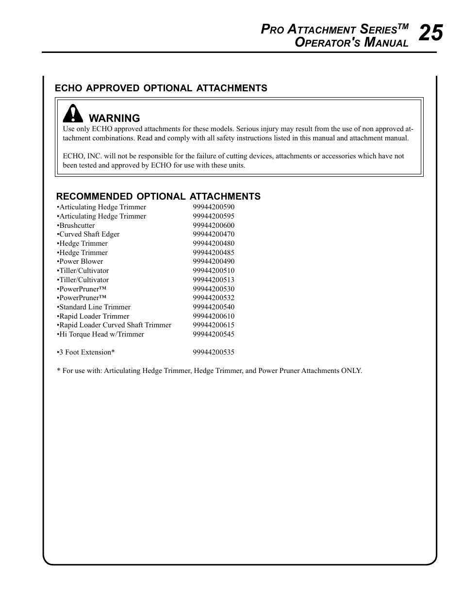 Echo PRO ATTACHMENT SERIES PAS-225 User Manual | Page 25 / 28