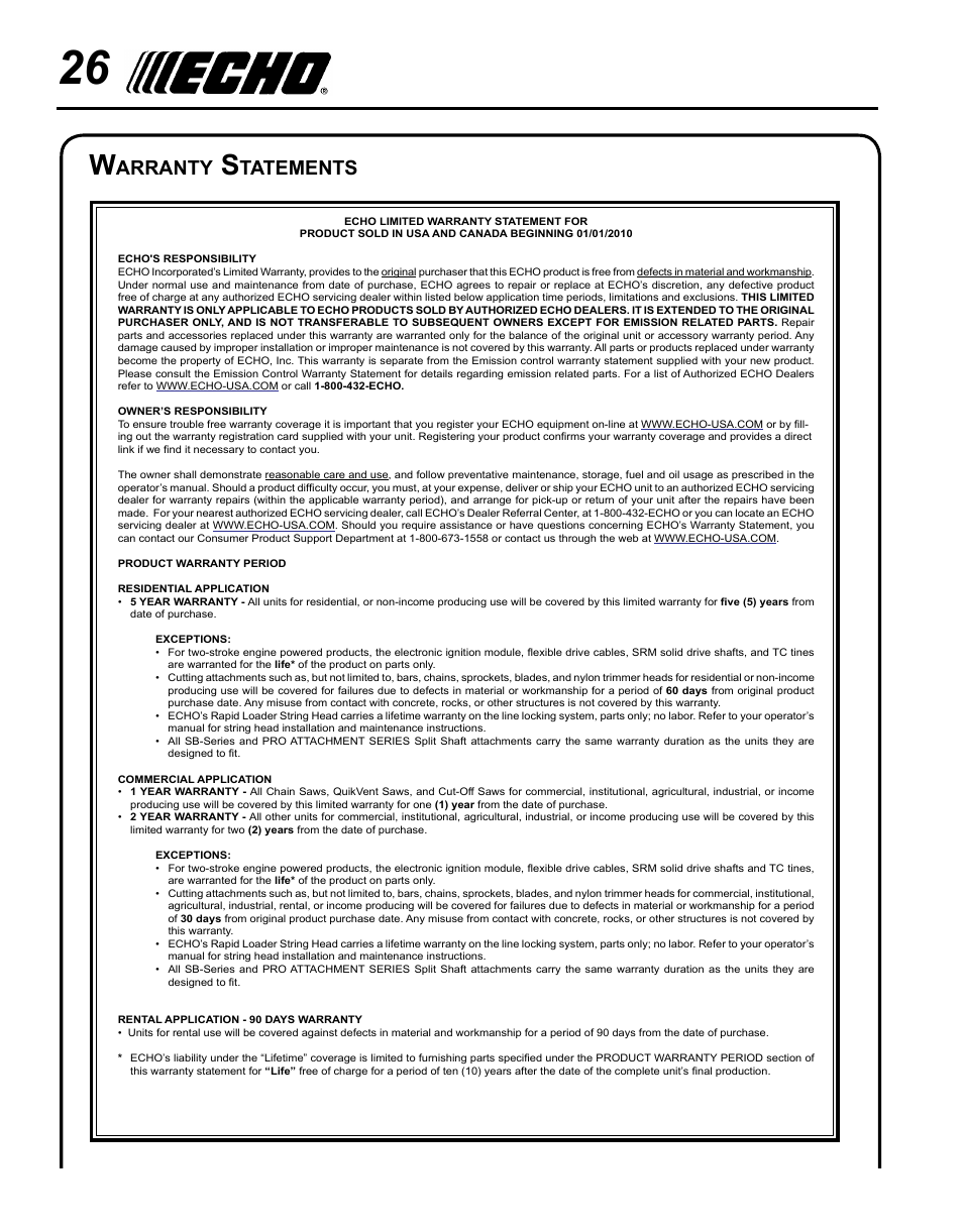 Arranty, Tatements | Echo PRO ATTACHMENT SERIES PAS-225 User Manual | Page 26 / 28