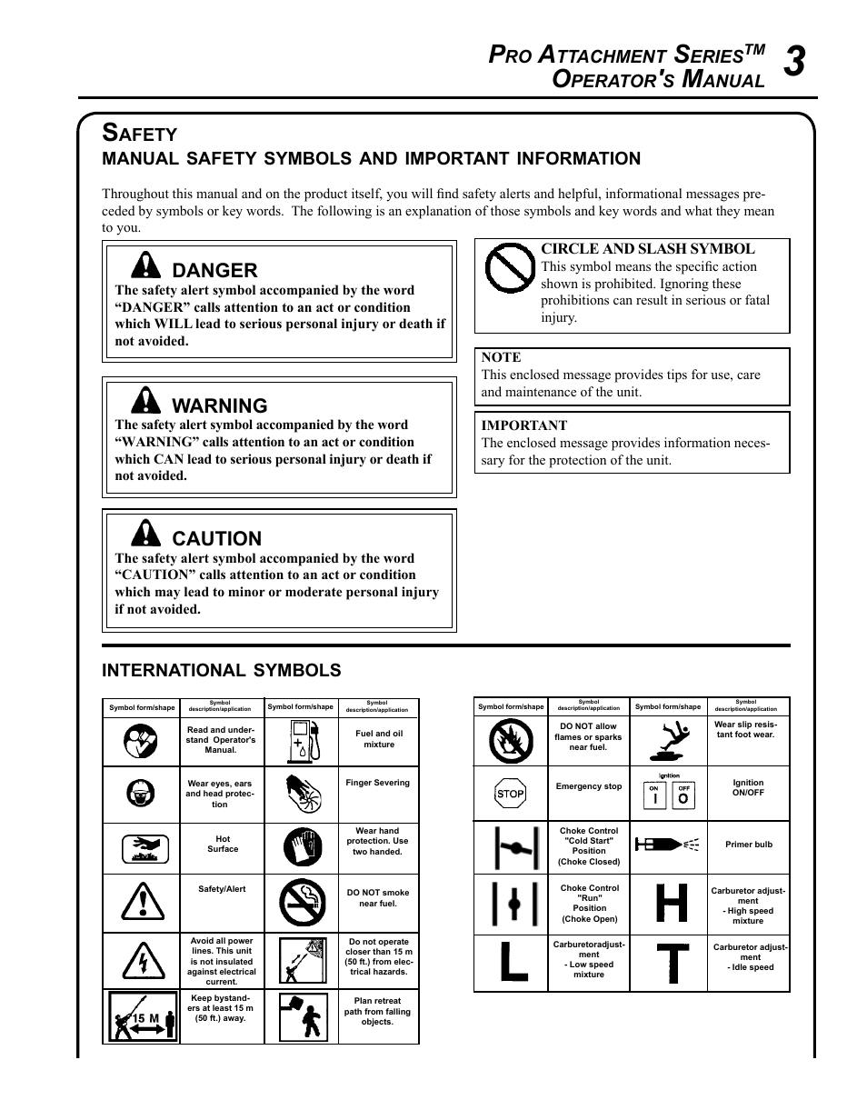 Caution, Danger, Warning | Ttachment, Eries, Perator, Anual, International, Symbols, Afety manual | Echo PRO ATTACHMENT SERIES PAS-225 User Manual | Page 3 / 28