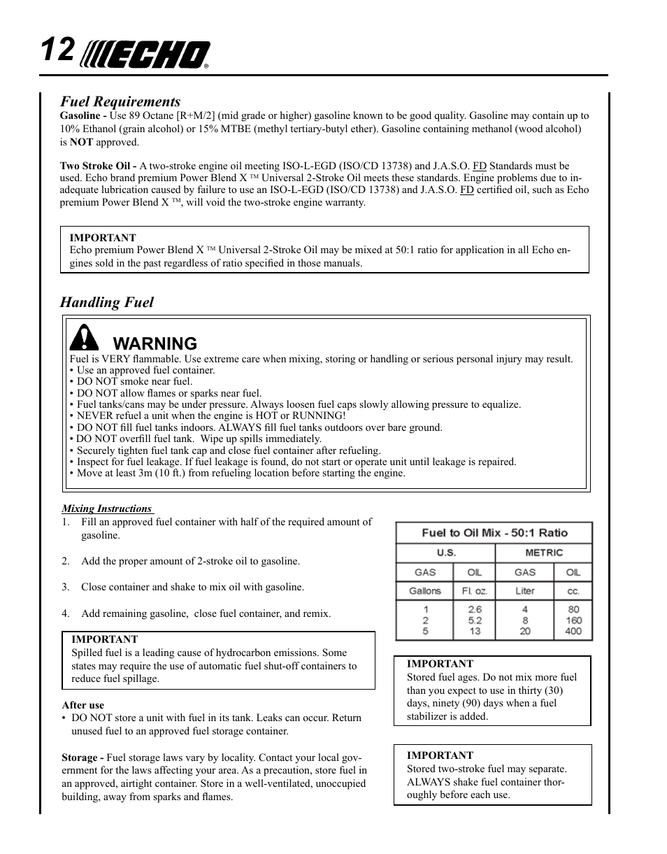 Warning, Handling fuel, Fuel requirements | Echo POWER EDGER PE-280 User Manual | Page 12 / 28