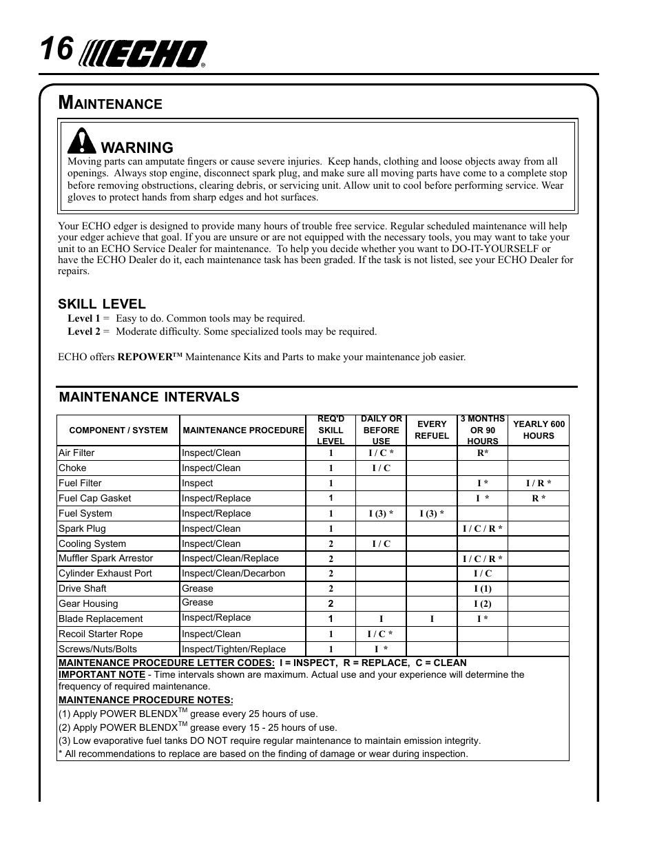 Warning, Skill, Level | Maintenance, Intervals, Aintenance | Echo POWER EDGER PE-280 User Manual | Page 16 / 28