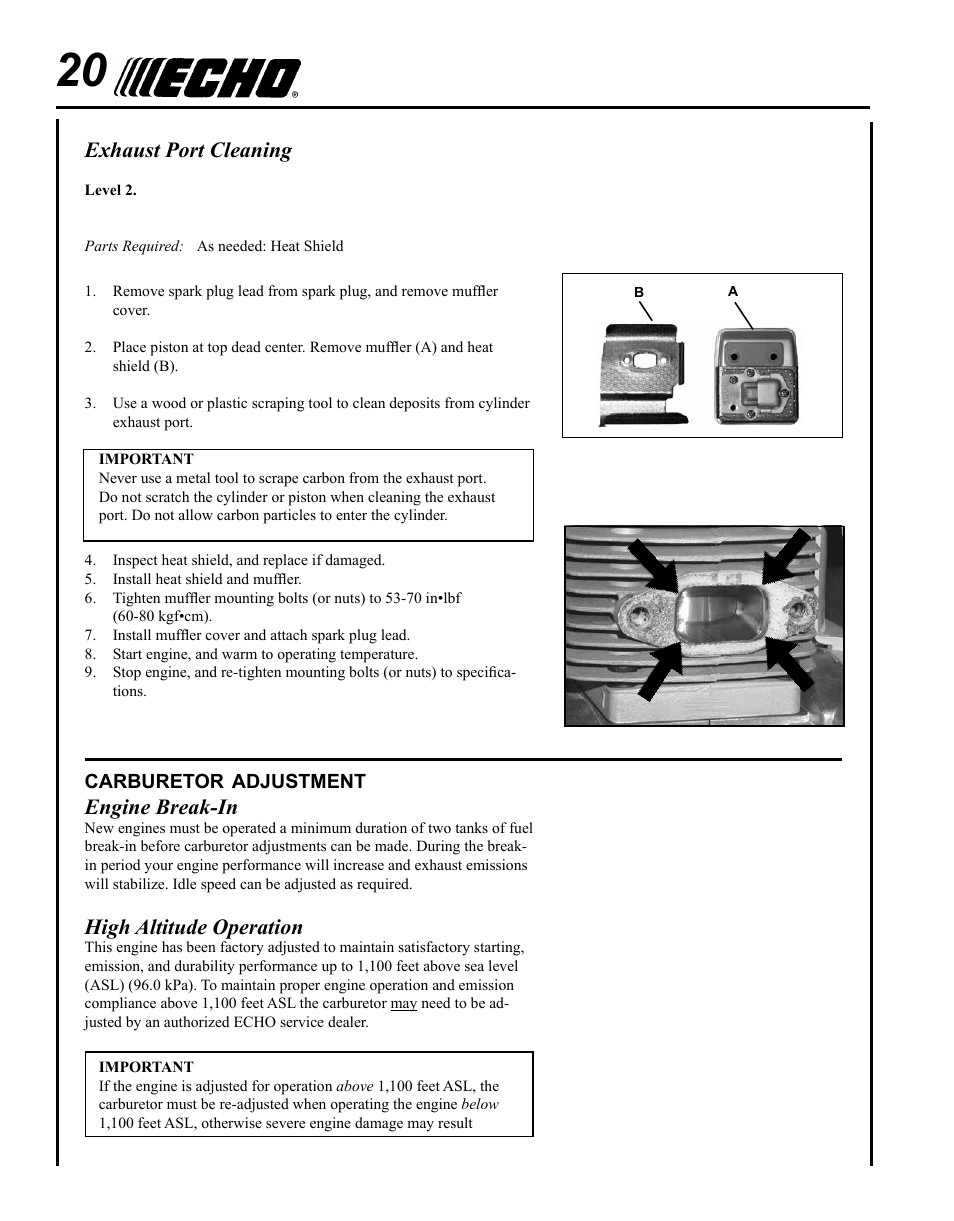 Exhaust port cleaning, Engine break-in, High altitude operation | Echo POWER EDGER PE-280 User Manual | Page 20 / 28