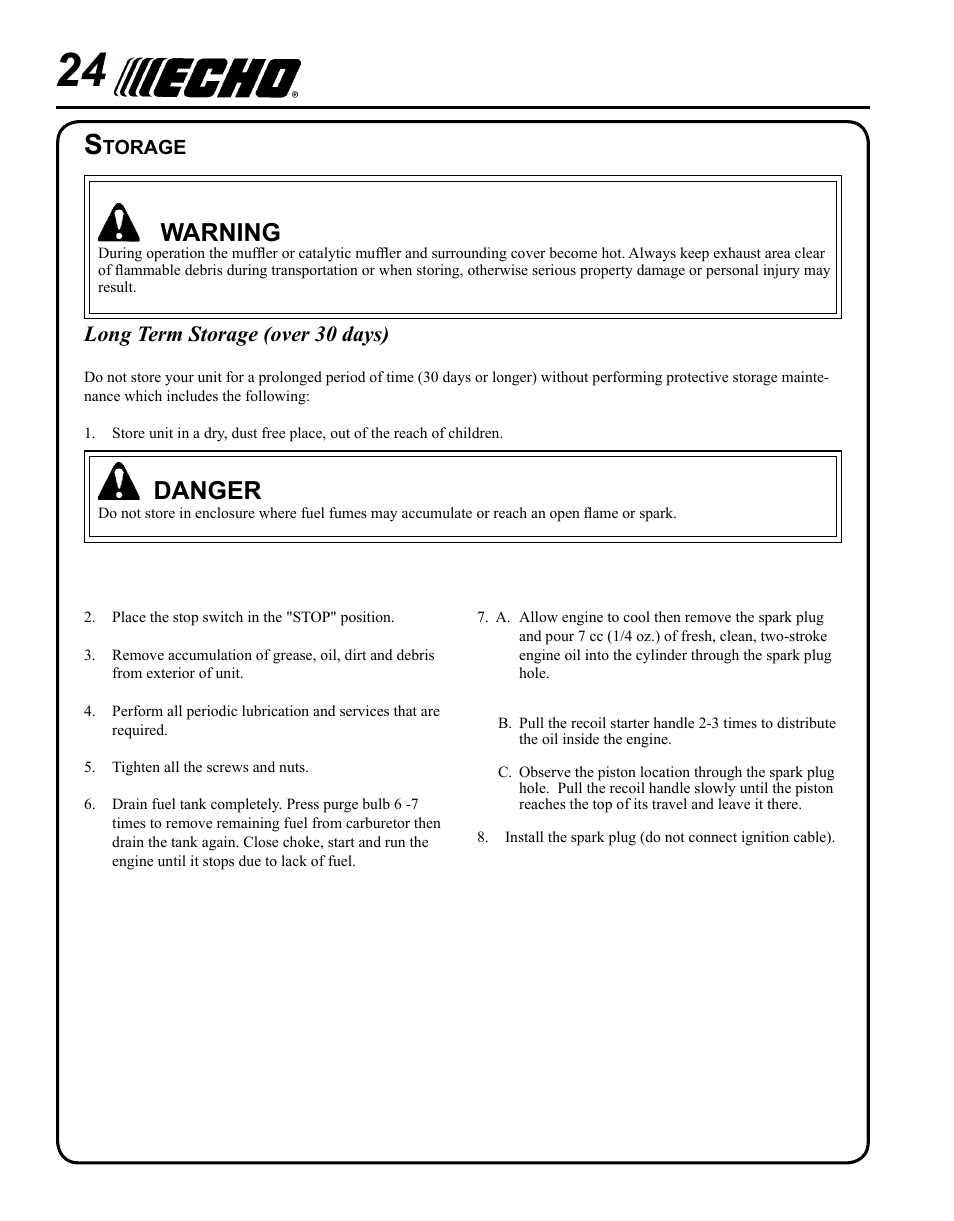 Warning, Danger, Long term storage (over 30 days) | Echo POWER EDGER PE-280 User Manual | Page 24 / 28