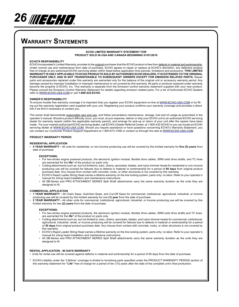 Arranty, Tatements | Echo POWER EDGER PE-280 User Manual | Page 26 / 28