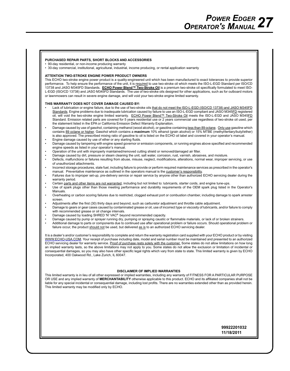 Ower, Dger, Perator | Anual | Echo POWER EDGER PE-280 User Manual | Page 27 / 28