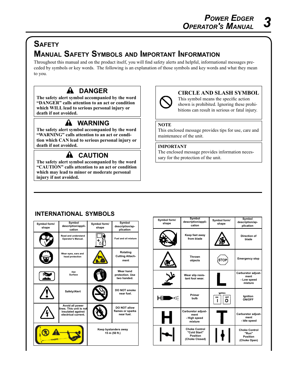 Warning, Caution, Danger | Ower, Dger, Perator, Anual, Afety, Ymbols, Mportant | Echo POWER EDGER PE-280 User Manual | Page 3 / 28