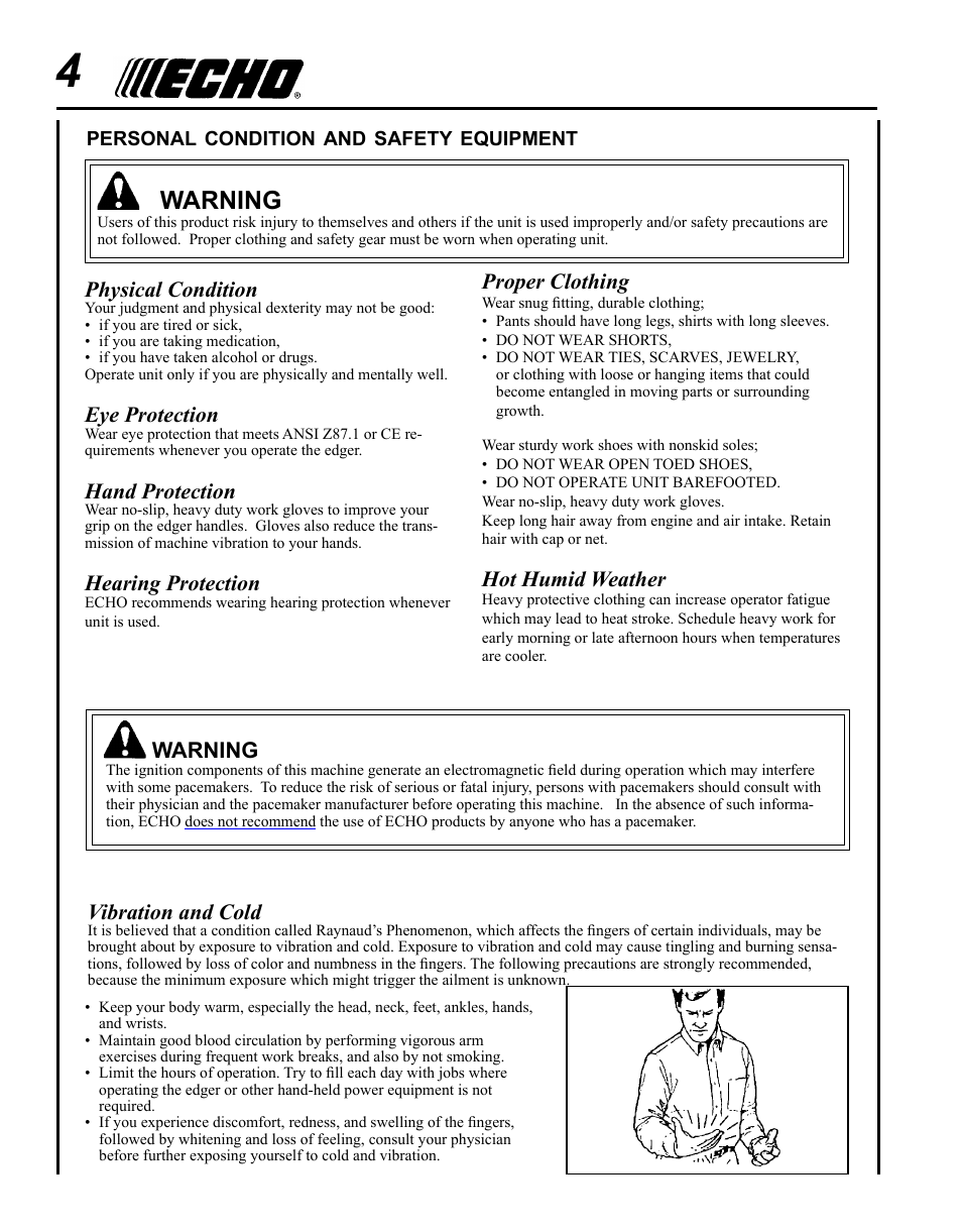 Warning, Physical condition, Eye protection | Hand protection, Hearing protection, Vibration and cold, Proper clothing, Hot humid weather | Echo POWER EDGER PE-280 User Manual | Page 4 / 28