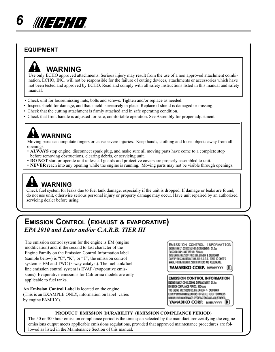 Warning | Echo POWER EDGER PE-280 User Manual | Page 6 / 28