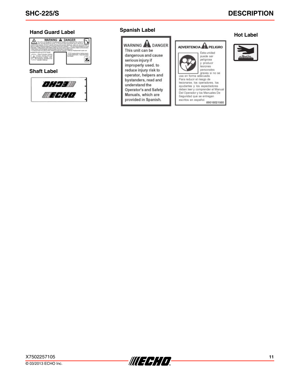 Shc-225/s description | Echo SHC-225S User Manual | Page 11 / 36