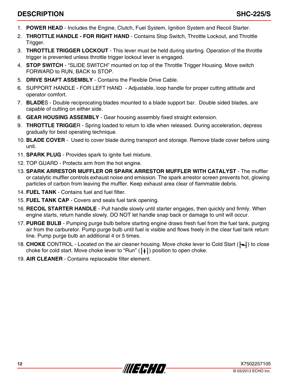 Description shc-225/s | Echo SHC-225S User Manual | Page 12 / 36