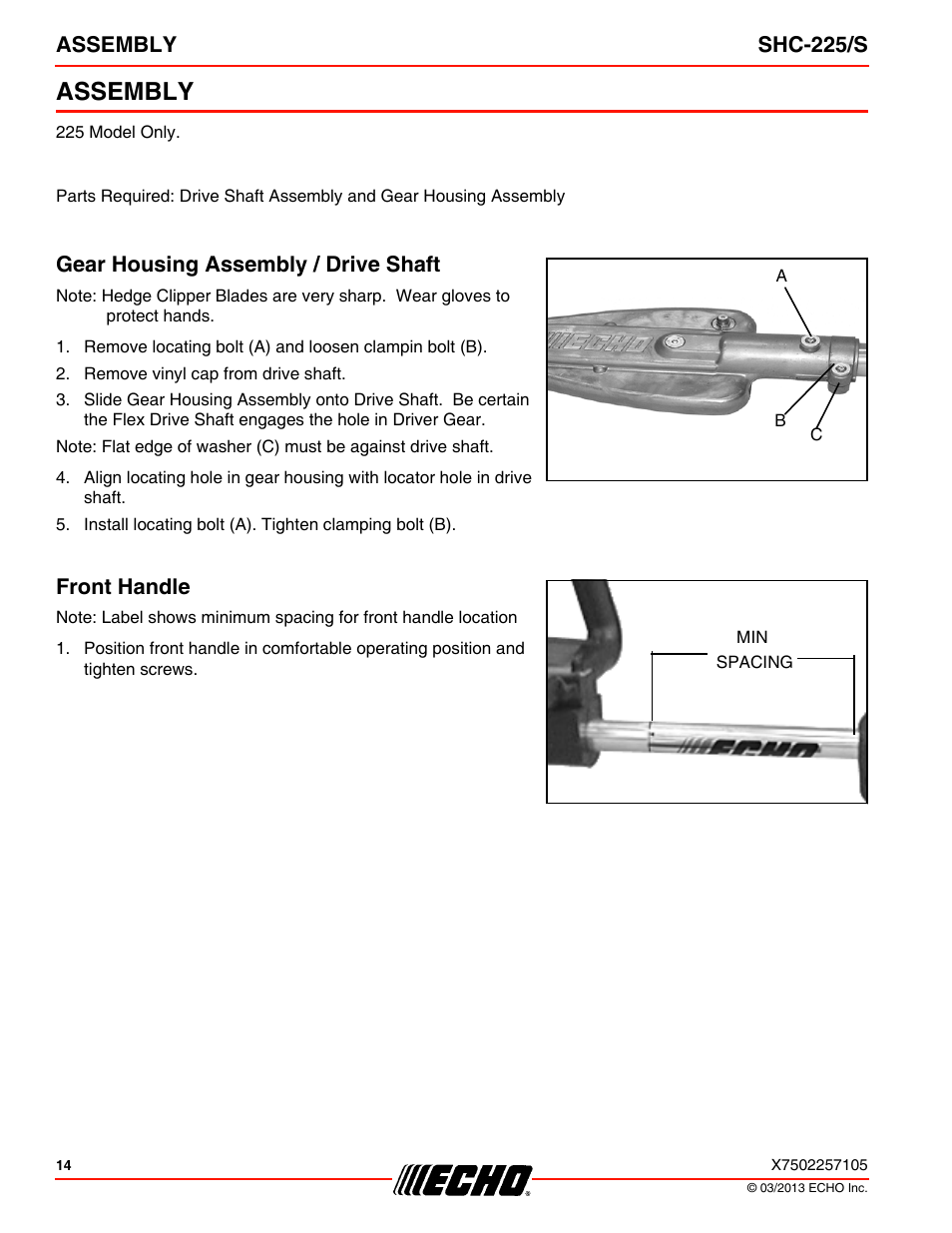 Assembly, Gear housing assembly / drive shaft, Front handle | Gear housing assembly / drive shaft front handle, Assembly shc-225/s | Echo SHC-225S User Manual | Page 14 / 36