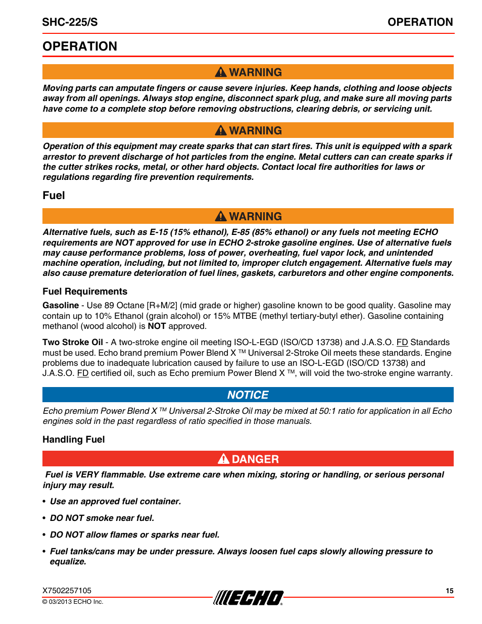 Operation, Fuel, Fuel requirements | Handling fuel, Shc-225/s operation | Echo SHC-225S User Manual | Page 15 / 36