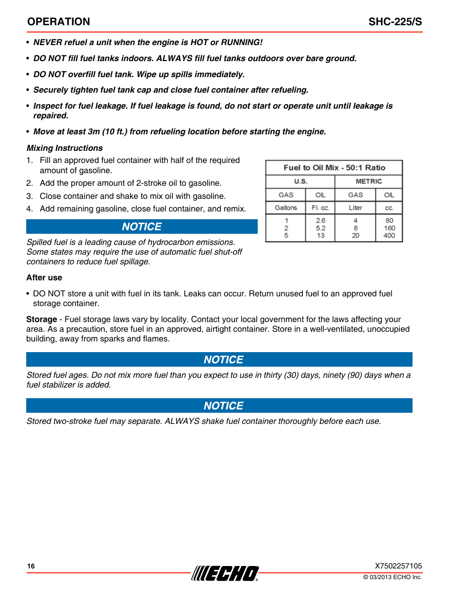 Operation shc-225/s | Echo SHC-225S User Manual | Page 16 / 36