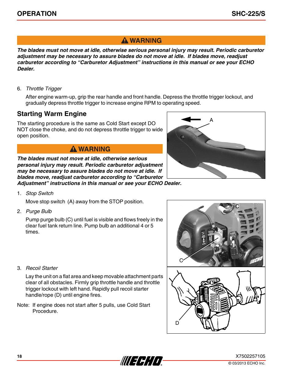 Starting warm engine, Operation shc-225/s | Echo SHC-225S User Manual | Page 18 / 36