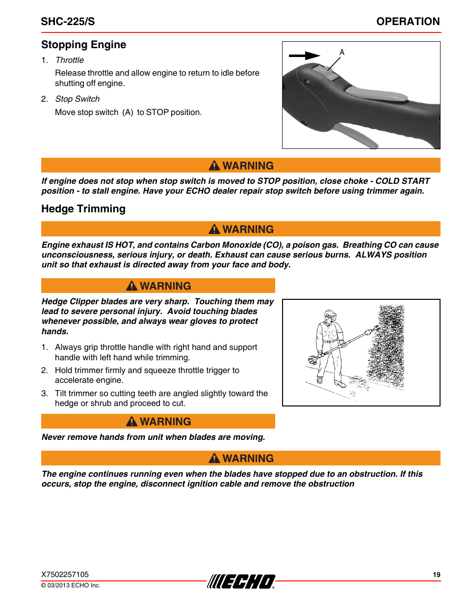 Stopping engine, Hedge trimming, Shc-225/s operation | Echo SHC-225S User Manual | Page 19 / 36