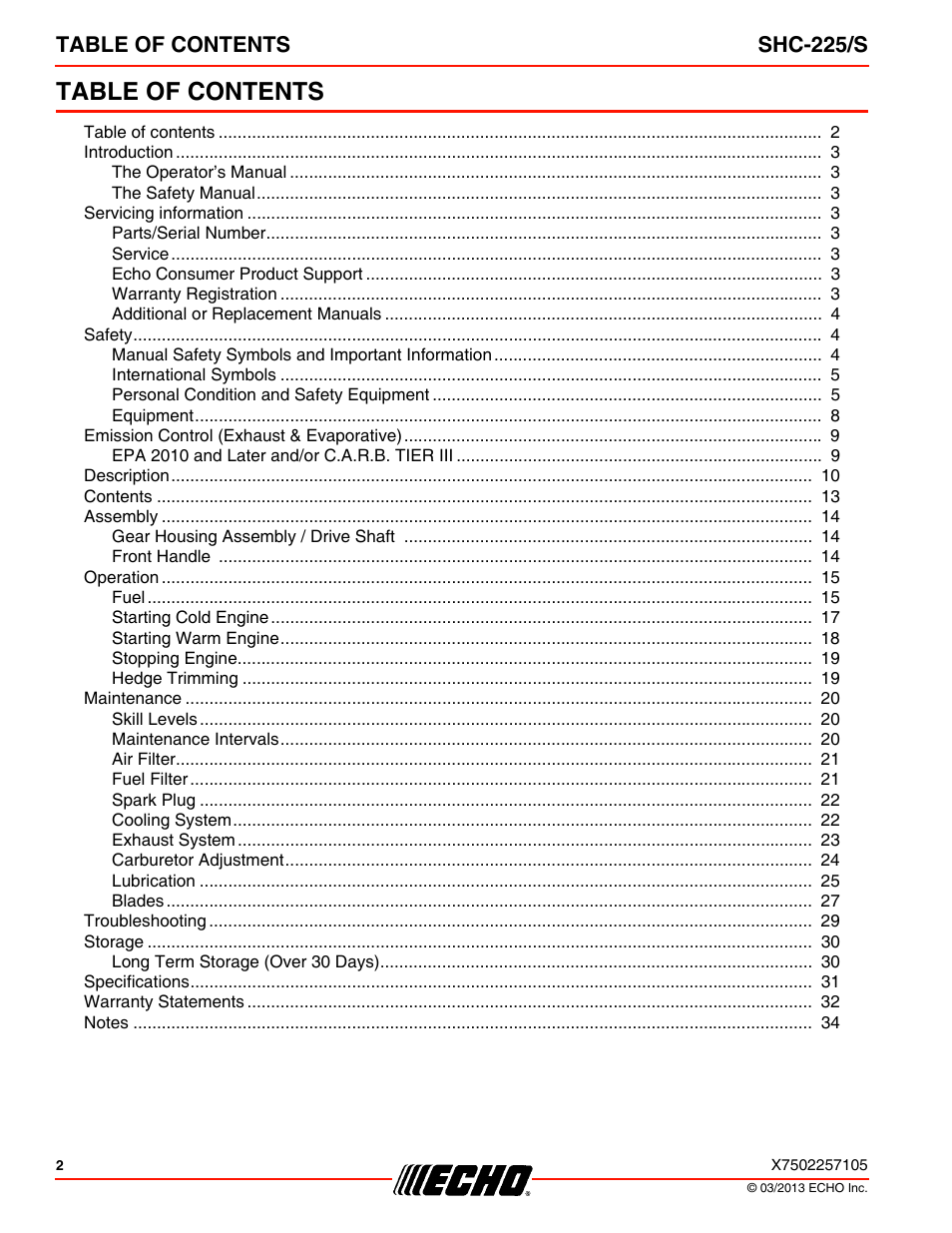 Echo SHC-225S User Manual | Page 2 / 36