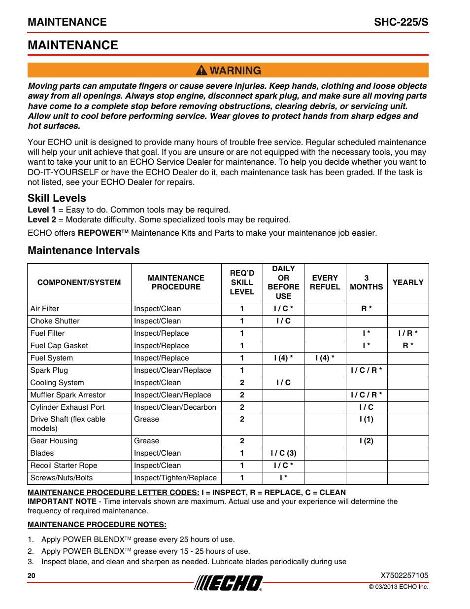 Maintenance, Skill levels, Maintenance intervals | Skill levels maintenance intervals, Maintenance shc-225/s | Echo SHC-225S User Manual | Page 20 / 36