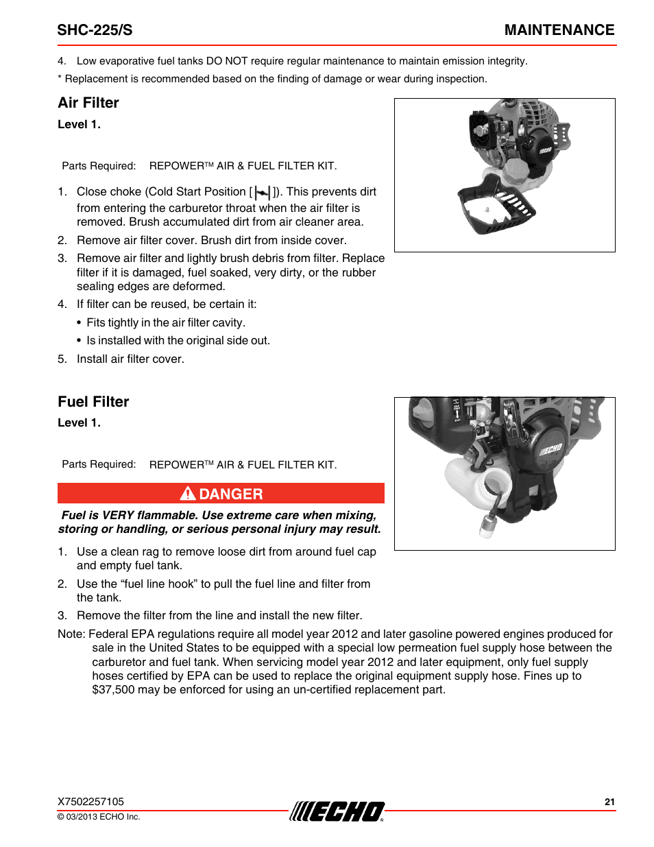 Air filter, Fuel filter, Air filter fuel filter | Shc-225/s maintenance | Echo SHC-225S User Manual | Page 21 / 36