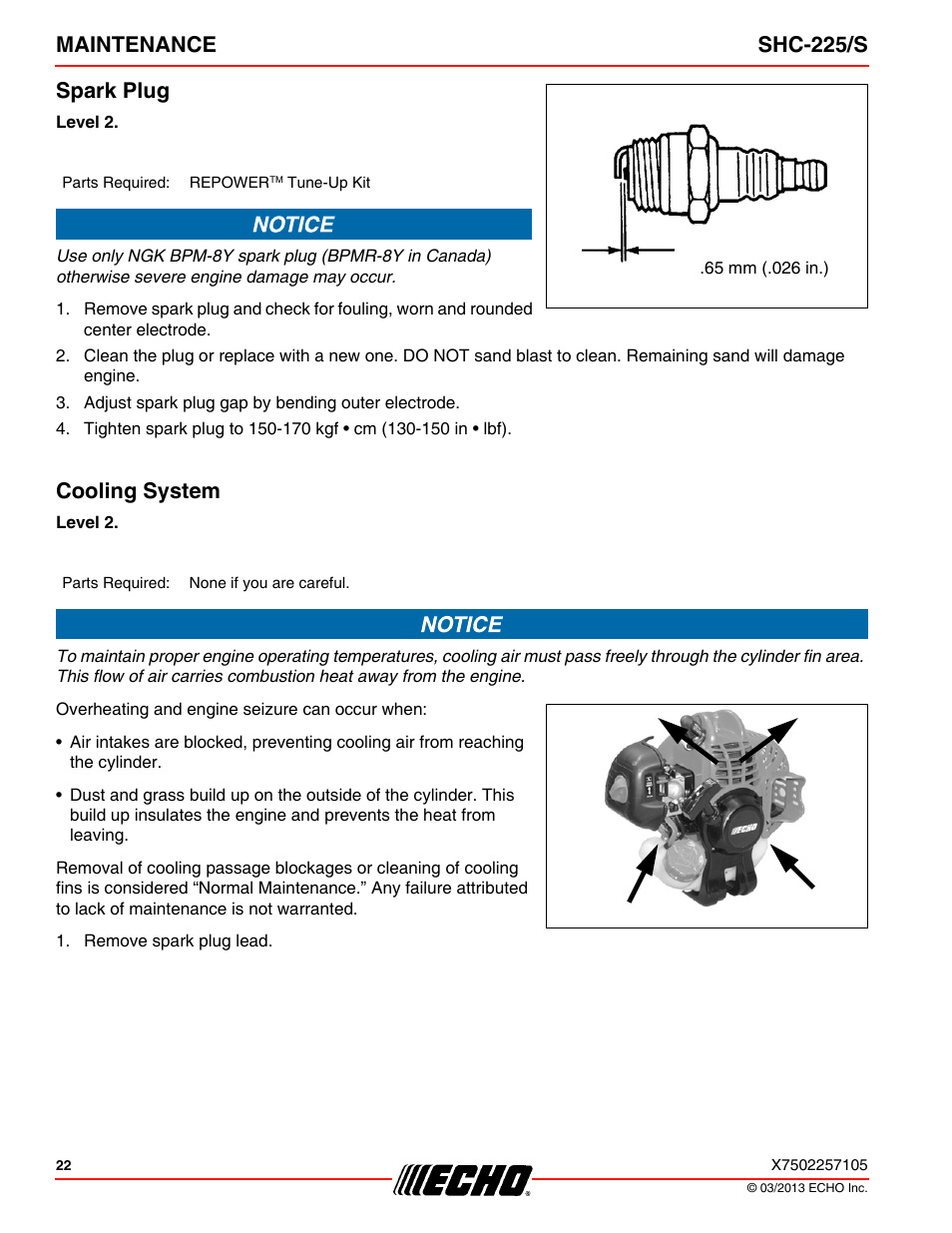 Spark plug, Cooling system, Spark plug cooling system | Maintenance shc-225/s spark plug | Echo SHC-225S User Manual | Page 22 / 36