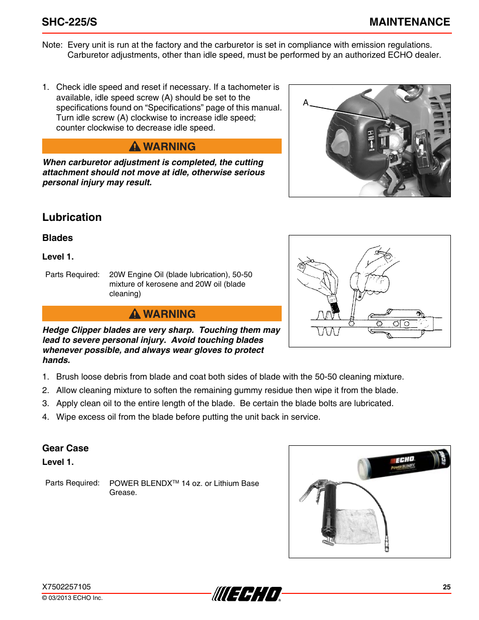 Lubrication, Blades, Level 1 | Gear case, Shc-225/s maintenance | Echo SHC-225S User Manual | Page 25 / 36