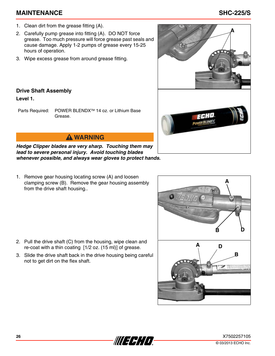 Drive shaft assembly, Maintenance shc-225/s | Echo SHC-225S User Manual | Page 26 / 36