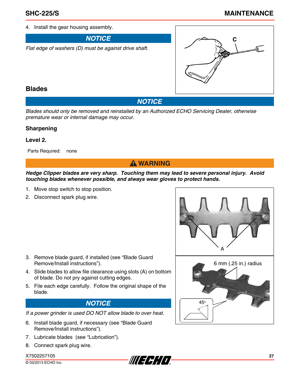 Blades, Sharpening, Level 2 | Shc-225/s maintenance | Echo SHC-225S User Manual | Page 27 / 36