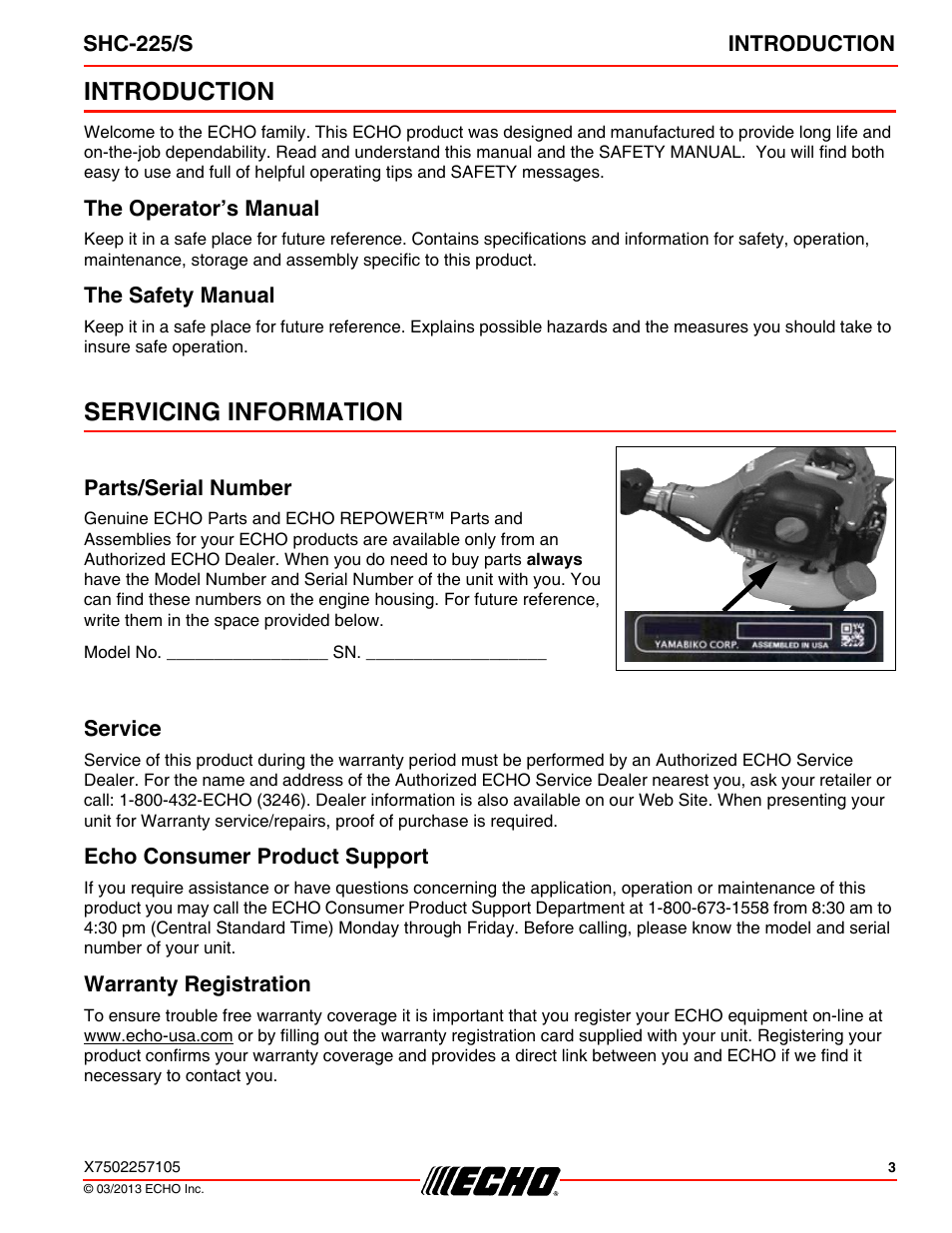 Introduction, The operator’s manual, The safety manual | Servicing information, Parts/serial number, Service, Echo consumer product support, Warranty registration, The operator’s manual the safety manual | Echo SHC-225S User Manual | Page 3 / 36