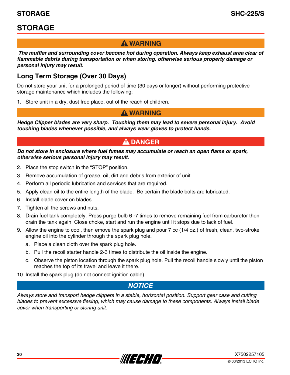 Storage, Long term storage (over 30 days), Storage shc-225/s | Echo SHC-225S User Manual | Page 30 / 36
