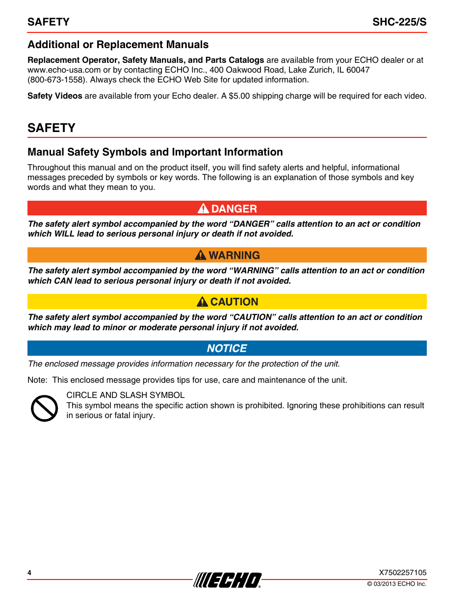 Additional or replacement manuals, Safety, Manual safety symbols and important information | Echo SHC-225S User Manual | Page 4 / 36