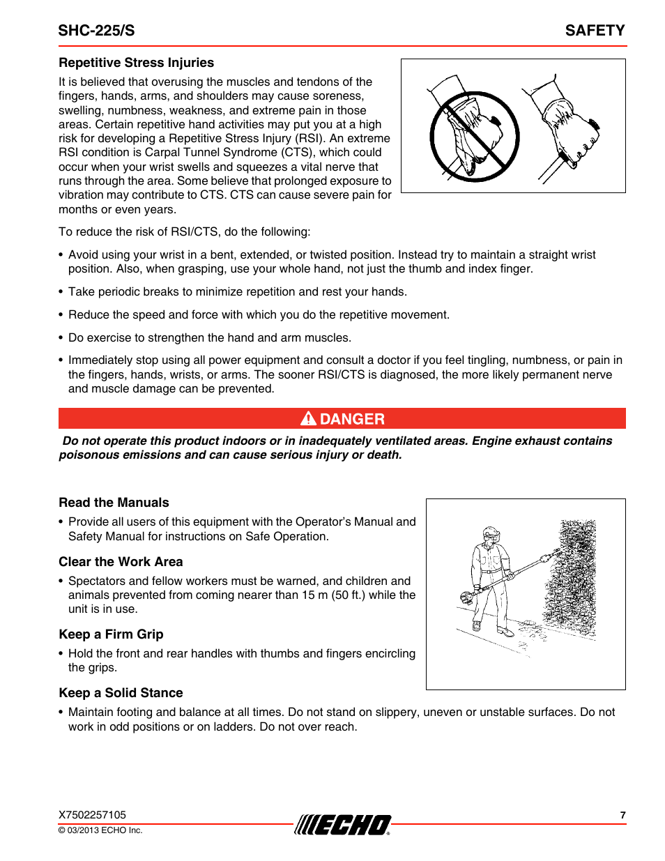 Repetitive stress injuries, Read the manuals, Clear the work area | Keep a firm grip, Keep a solid stance, Shc-225/s safety | Echo SHC-225S User Manual | Page 7 / 36