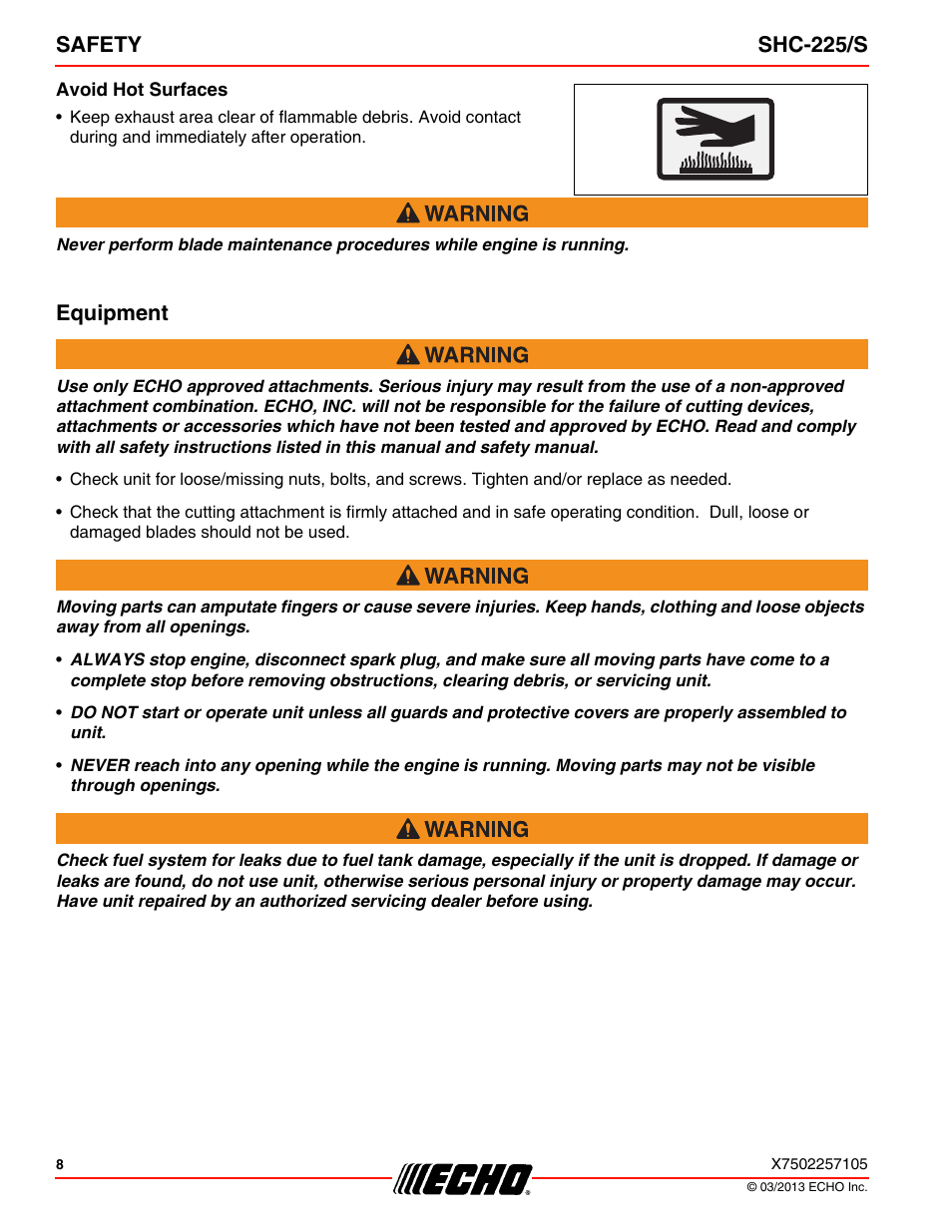 Avoid hot surfaces, Equipment, Safety shc-225/s | Echo SHC-225S User Manual | Page 8 / 36