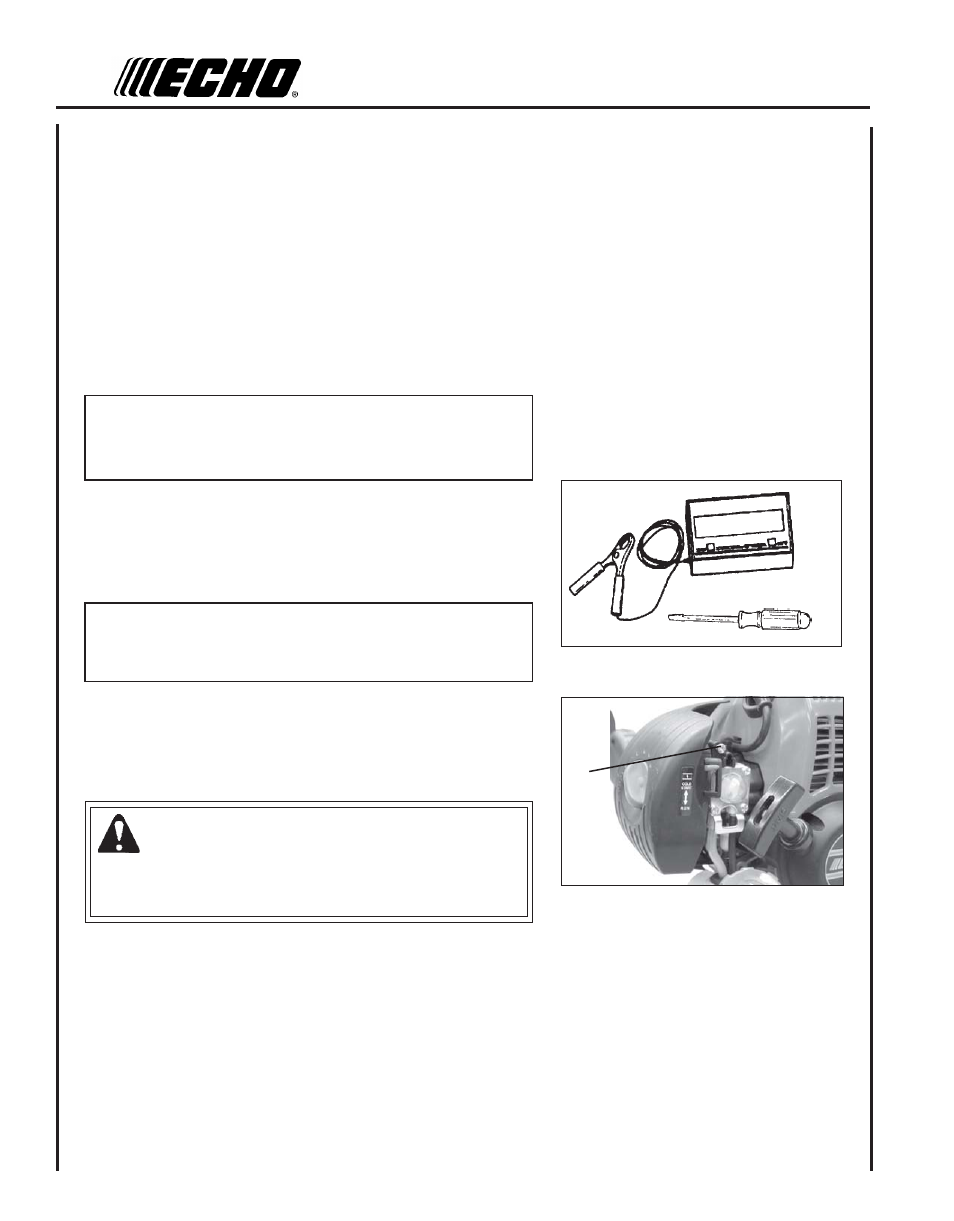 Carburetor adjustment, Warning | Echo PE-265 User Manual | Page 20 / 28