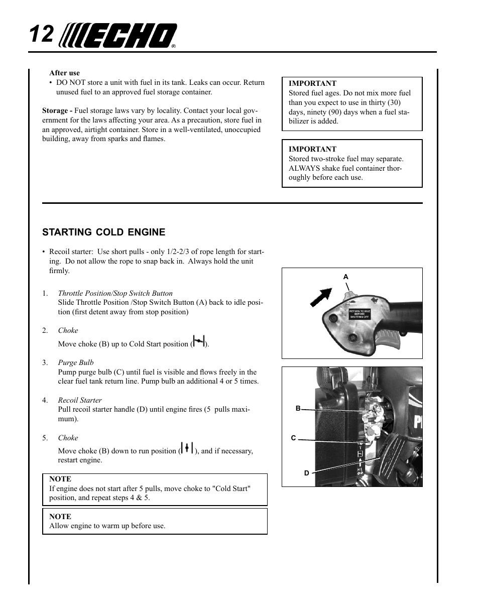 Starting cold engine | Echo PB-620ST User Manual | Page 12 / 28