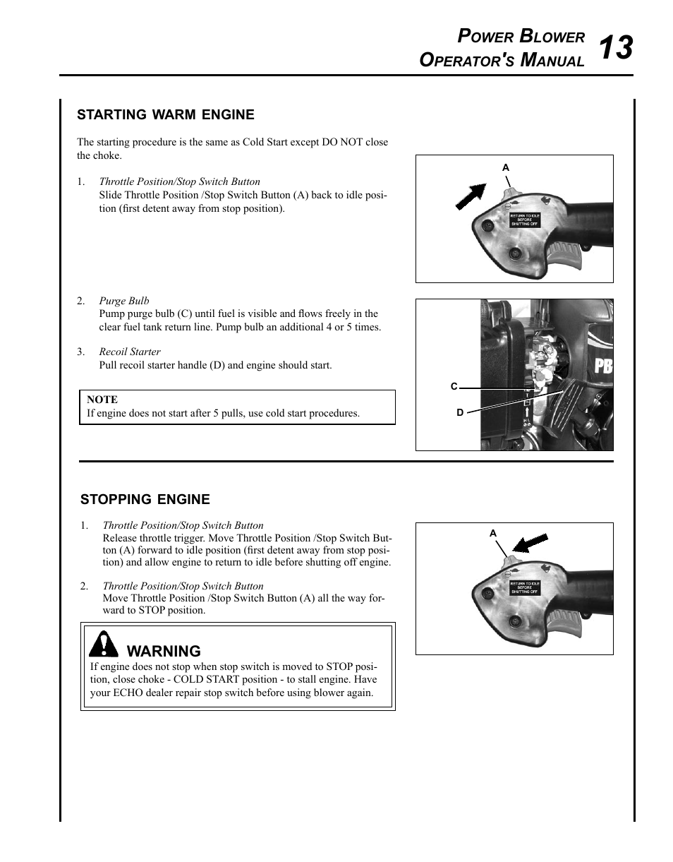 Starting warm engine, Stopping engine | Echo PB-620ST User Manual | Page 13 / 28