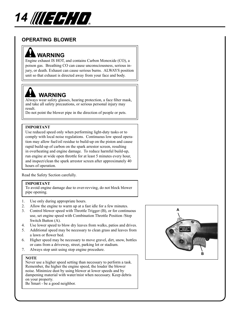 Operating blower, Warning | Echo PB-620ST User Manual | Page 14 / 28