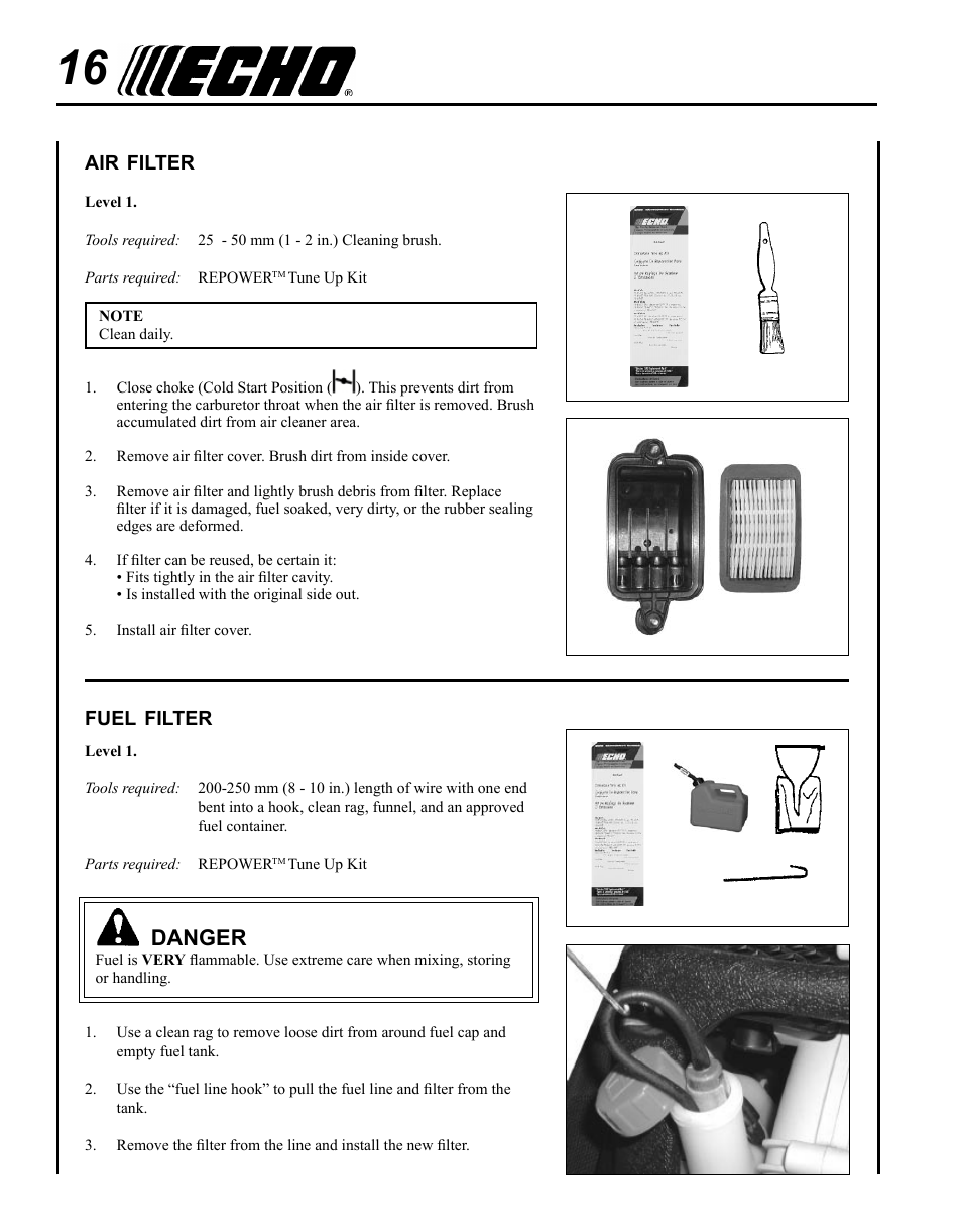 Air filter, Fuel filter, Danger | Echo PB-620ST User Manual | Page 16 / 28