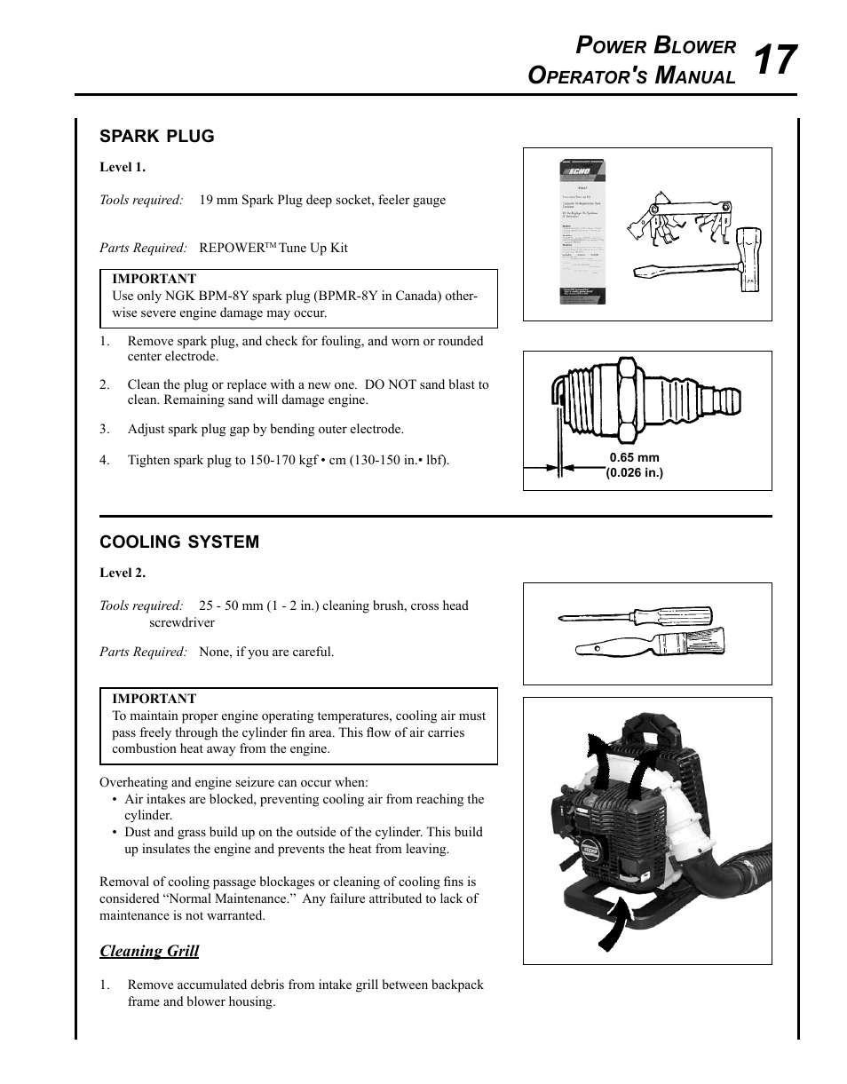 Spark plug, Cooling system | Echo PB-620ST User Manual | Page 17 / 28